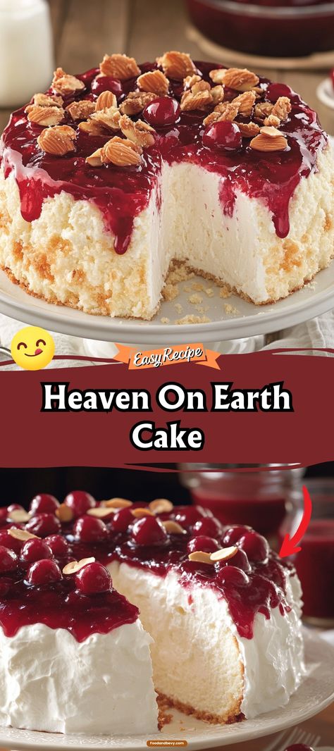 Indulge in the divine taste of Heaven On Earth Cake, a luscious dessert layered with creamy vanilla pudding, fluffy whipped cream, and tart cherry pie filling. This dreamy cake is topped with a sprinkle of almond slivers, offering a heavenly texture and taste with every bite. #HeavenOnEarthCake #DessertHeaven #LayeredCake Cherry Heaven On Earth Cake, Holiday Angel Food Cake, Angel Food Cake Christmas, Angel Food Cake With Cherry Pie Filling, Heaven In A Bowl Recipe, Cake And Pie Filling Recipe, Angelfood Cake Recipes, Angel Food Cake Ideas, Angel Food Cake Toppings