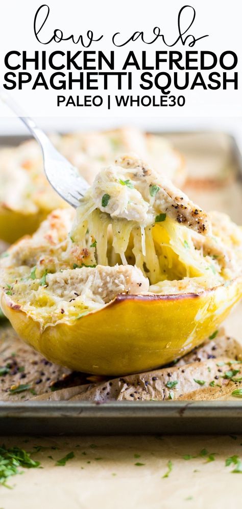 Alfredo Stuffed Spaghetti Squash, Low Carb Chicken Alfredo, Spaghetti Squash Chicken, Spaghetti Squash Chicken Alfredo, Healthy Chicken Alfredo, Stuffed Spaghetti Squash, Whole30 Chicken, Easy Rice, Low Carb Meal