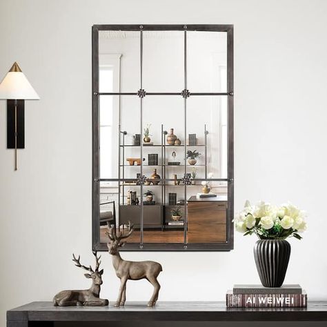 Rustic Brown Metal Frame Windowpane Accent Wall Mirror - 37.75" H x 23.8" W x 1" D - On Sale - Bed Bath & Beyond - 21943531 Metal Window Frames, Window Pane Mirror, Accent Wall Mirror, Farmhouse Frames, Elegant Mirrors, Wood Wall Mirror, Window Pane, Decorative Metal, Framed Mirror Wall