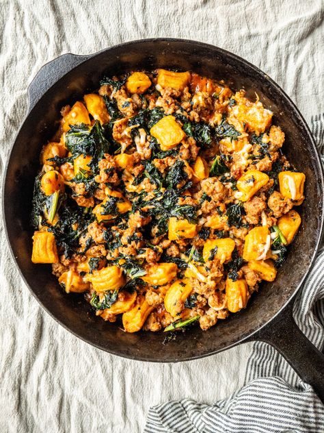 Spiced Sausage, Kale & Gnocchi Casserole - Dishing Up the Dirt Kale Gnocchi, Gnocchi Casserole, Polenta Casserole, Casserole Gluten Free, Broccoli Sausage, Gluten Free Casserole, Sausage Broccoli, Sausage Kale, Pasta Casseroles