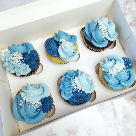 Blue And Silver Cupcake Ideas, Shades Of Blue Cupcakes, Blue And White Cupcake Ideas, Shades Of Blue Birthday Party Ideas, Blue Cupcake Ideas, Blue Baby Shower Cupcakes, Blue And White Cupcakes, Blue Wedding Cupcakes, Decorative Cupcakes