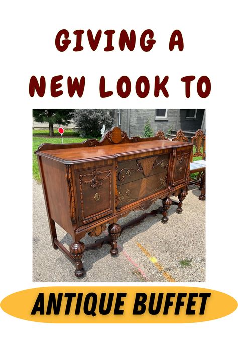 From elegant refinishing to strategic hardware updates, discover how to preserve the vintage charm while adding a fresh, modern twist to your antique credenza. Transform your antique buffet into a statement piece that's sure to impress. Credenza Makeover Before After, Buffet To Bar Makeover, Two Tone Furniture Color Combos, Painted Antique Sideboard, Buffet Paint Color Ideas, Refinished Antique Buffet, How To Decorate A Buffet Server, Repurposed Buffet Cabinet, Refurbished Buffet Cabinet