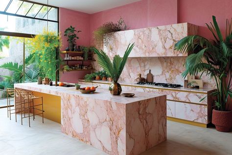 Pink and gold marble kitchen interior design Marble House Interior, Pink Marble Kitchen, Marble Kitchen Interior, Marble House, Kitchen Interior Design, Marble Kitchen, Pink Tiles, Marble Counter, Kitchen Marble