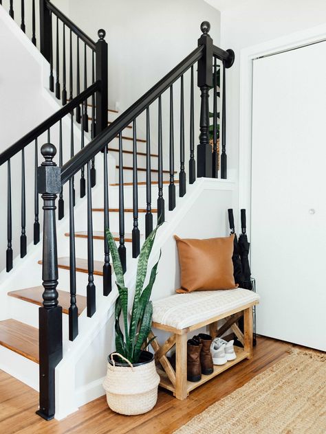 DIY Staircase Makeover | Sammy On State Black Painted Staircases, Black Paint For Stair Railing, Stair Railing Painted Black, Black Stair Railing Wood, All Black Railing Stairs, Black White Wood Stairs, Black Interior Stair Railing, Indoor Black Railings For Stairs, Dark Brown Stair Railing