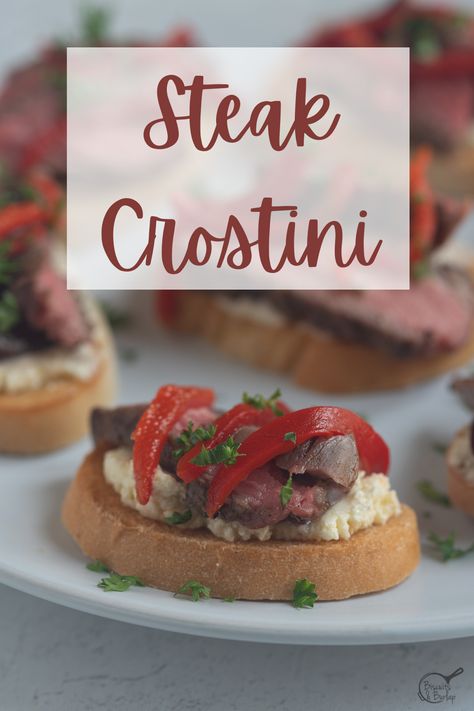 All of your favorite mediterranean flavors come together easily in these steak crostini appetizers. Cook a steak just to make them or use leftover beef tenderloin or any cut of steak. Steak Crostini Appetizers, Steak And Boursin Cheese Crostini, Leftover Beef Tenderloin, Crustini Appetizers Steak, Beef Crostini Appetizers, Beef Tenderloin Crostini Appetizers, Beef Crostini, Steak Crostini, Reception Appetizers