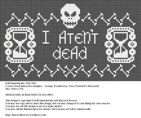 I ATEn'T deAd sampler cross stitch pattern. Granny Weatherwax, Terry Pratchett's Discworld. Terry Pratchett Embroidery, Nerdy Cross Stitch Patterns Free, Terry Pratchett Cross Stitch, Stephen King Cross Stitch, Cthulhu Cross Stitch Pattern, Small Skull Cross Stitch Pattern, Discworld Cross Stitch, Cross Stitch Horror Pattern, Cross Stitch Boards