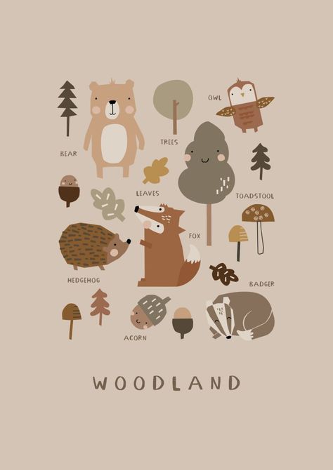 Forest Animals Art, Forest Animals Illustration, Adventure Forest, Woodland Adventure, Woodland Animal Art, Educational Wall Art, Woodland Art, Unframed Wall Art, Animals Art