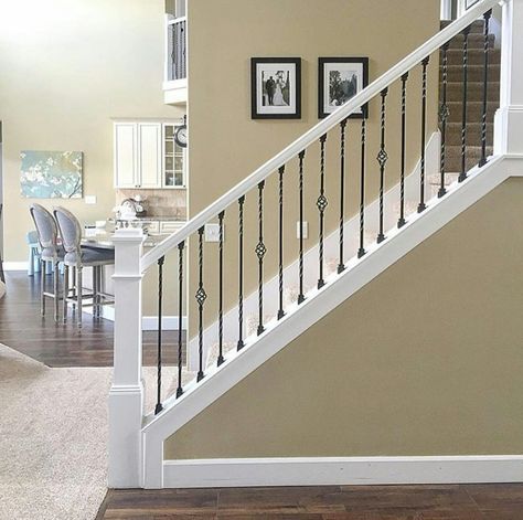 White railings??!! White Iron Stair Railing, White Stair Railing With Wrought Iron, White Banisters And Railings, Stair Redo, Stair Railing Makeover, Wrought Iron Stair Railing, Interior Railings, Stair Ideas, White Staircase