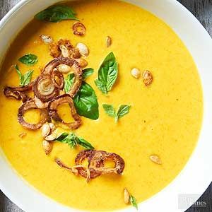 Top soup with fried onions, basil, and toasted acorn squash seeds. / Acorn Squash Seeds, Squash Carrot Soup, Harvest Soup, Acorn Squash Soup, Carrot Soup Recipes, Coconut Milk Soup, Acorn Squash Recipes, Squash Seeds, Carrot Soup