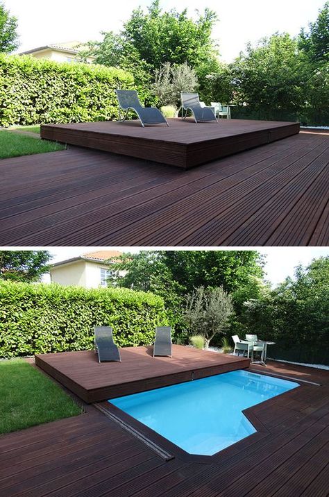 Sliding Deck Pool Cover, Ideas De Piscina, Backyard Pool Design, Kleiner Pool Design, Small Swimming Pools, Wooden Deck, Backyard Pool Landscaping, Pool Decor, Backyard Pool Designs