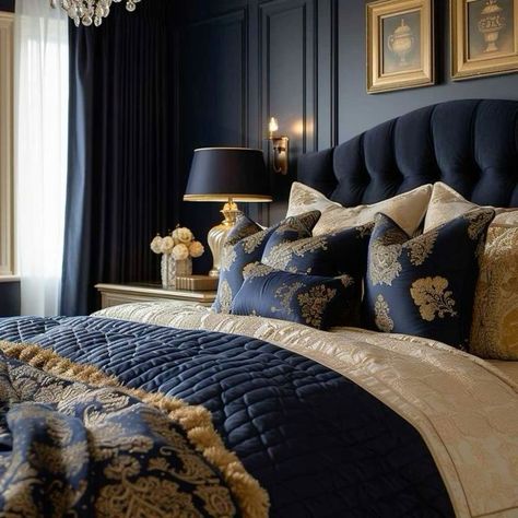 Blue Bed Ideas Master, Romantic Bedroom Colours, 70 Bedroom, Bedroom Pillows Arrangement, Bedroom Feature Wall, Dark Blue Rooms, Dark Blue Bedroom, Navy Bedrooms, Dark Blue Bedrooms