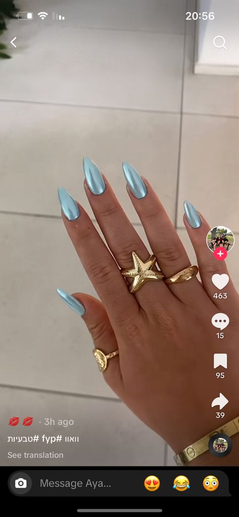 Aqua Blue Almond Nails, Simple Almond Nails, Nails Sky Blue, Blue Almond Nails, Light Blue Chrome, Blue Chrome, Blue Acrylic Nails, Nails Ideas, Almond Nails