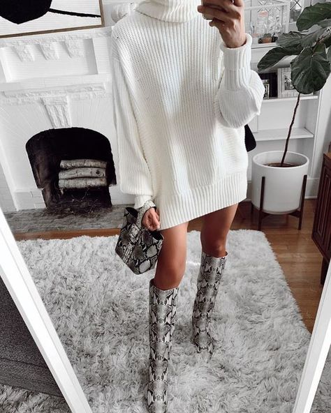 best snakeskin print Outfit Ideas With Snakeskin Boots, Snake Skin Boot Outfit, Snakeskin Boots Outfit, Cozy Inspiration, It Shoes, Trending Clothes, Snake Print Boots, Color Coordination, White Sweater Dress