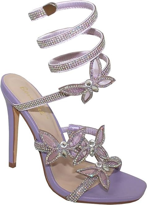 Amazon.com | Bonnibel Women Butterfly Rhinestone Strappy High Heels Sandals Patricia-2 Lavender 6 | Heeled Sandals Purple Prom Heels, Knee High Sock Boots, Wrap Around Heels, Orange Boots, Pointy Boots, Butterfly Heels, Lavender Butterfly, Fold Over Boots, Butterfly Rhinestone