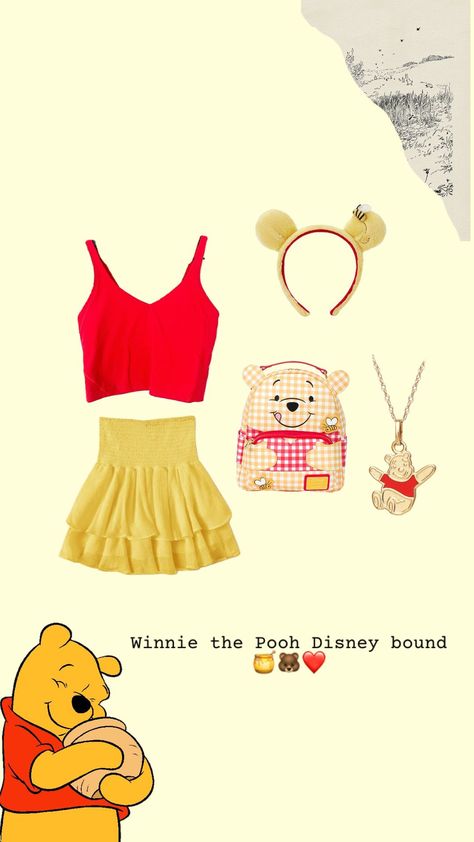 Winnie the Pooh Disney bound 🍯🐻❤️ #disneybound #disneyoutfit #outfitinspo #disney Disney Themed Outfits For Women, Cute Outfits For Disney World, Aurora Disneybound, Magic Kingdom Outfit, Bond Outfits, Disney Character Outfits, Disney Bound Outfits Casual, Disney Trip Outfits, Disney Outfits Women