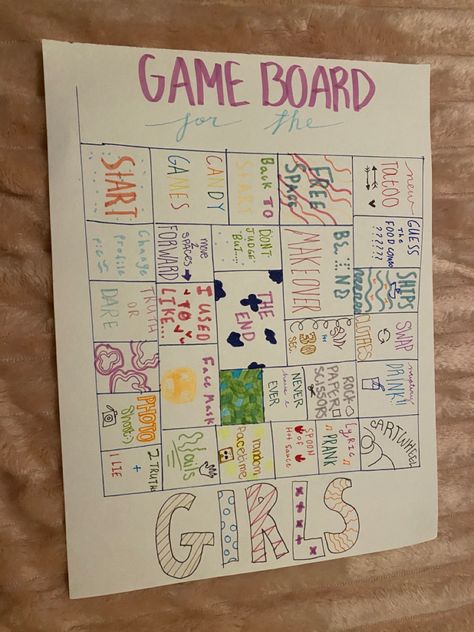 Board Game Sleepover, For The Girls Board Game, Sleepover Board Games, Sleepover Board Game Diy, For The Girls Game, Games To Play With Friends Party Ideas, Homemade Board Game Ideas, Games To Play At A Sleepover, Girls Sleepover Ideas