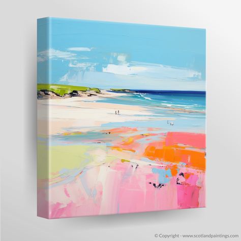 Capturing the vibrant essence of a summer's day at St Cyrus Beach, this abstract print pulsates with dynamic swathes of colour that evoke the wild and natural beauty of Aberdeenshire's coast. Vivid hues of coral, blush pink, and tangerine dominate the foreground, suggesting the warmth of sun-soaked sand and the delicate textures of dunes speckled with wild grasses. Gentle gradations of cerulean and turquoise blues merge above, an ode to the clear Scottish skies and the inviting, tranquil waters Beach Day Painting, Wall Decor Abstract, Beach Abstract, Summer Abstract Art, Colourful Abstract, Coastal Abstract Art, Beach Abstract Painting, Colourful Abstract Painting, Abstract Beach Art