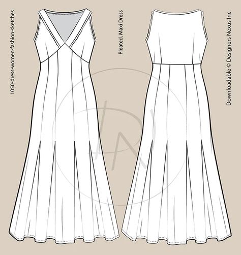 A preview image of a Womenswear Industry standard, fashion flat sketch featuring front and back views of v-neck bra top, special occasion, maxi dress with inverter, half way stitched down pleats. Fashion Flat Sketch, Fashion Sketch Template, Womens Pleated Skirt, Dresses Design, Flat Sketches, Fashion Sketch, Skirt Maxi, Mens Designer Fashion, Professional Fashion