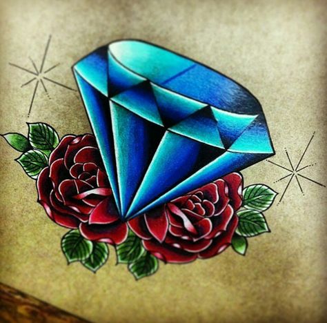 Diamond 💎 & Rose 🌹 Colored Diamond Tattoo, Diamond Color Tattoo, Blue Diamond Tattoo, Diamond Tattoo Designs Men, Diamante Tattoo, Diamond Tattoo, Traditional Diamond Tattoo, Pencil Tattoo, Diamond Tattoo Designs