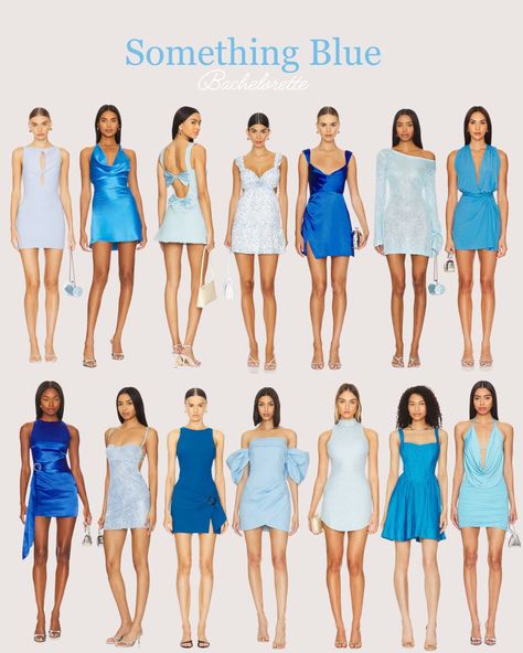 A collection of stylish something blue bachelorette outfit ideas, featuring bold and pastel blue dresses, perfect for celebrating the bride-to-be in chic fashion Something Blue Bachelorette Theme Outfits, Blue Dress Bachelorette Party, Something Blue Bachelorette Outfit, Blue Swimsuit Bachelorette, Something Blue Bachelorette Party Outfit, Something Blue Outfit, Blue Bachelorette Party Outfit, Bachelorette Dress Code, Bachelorette Matching Outfits