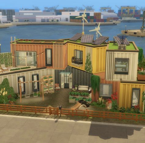 Sims 4 Shipping Container Cc, Sims 20x15 House, Sims 4 Shipping Container House, Sims Container House, Unique Sims 4 Houses, Container House Sims 4, Mid Century Sims 4, Sims 4 Maximalist, Sims 4 Container House