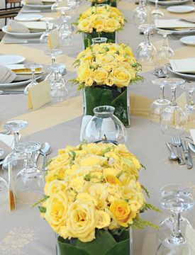 Yellow Skyline Roses make lovely summer soiree centerpieces at Calyx Flowers Rose Wedding Flower Arrangements, Calyx Flowers, Yellow Rose Wedding, Orange Centerpieces, Yellow Wedding Bouquet, Orange Wedding Flowers, Yellow Wedding Flowers, Candle Wedding Centerpieces, Wedding Reception Flowers