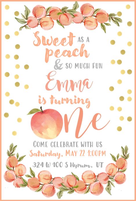 Peach First Birthday Invitation, Peaches 1st Birthday Party, First Birthday Themes August, August 1st Birthday Girl, First Birthday One Sweet Peach, Sweet As Peach 1st Birthday, One Sweet Peach Birthday Invitations, Peachy First Birthday, One Sweet Peach Invitations