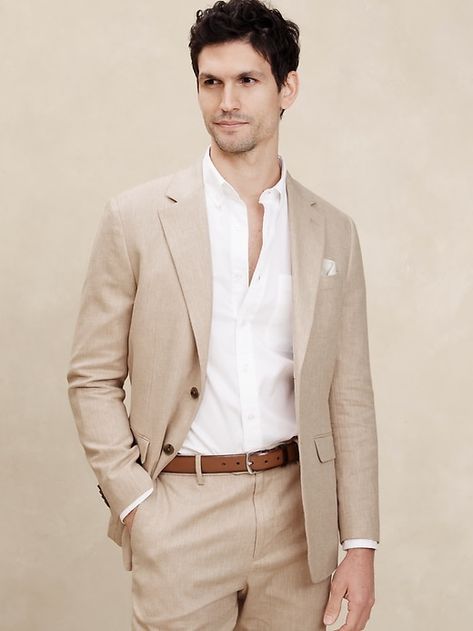 Tailored-Fit Linen-Cotton Suit Jacket | Banana Republic Factory Cream Suits For Men, Brown Suit Wedding, Tan Groomsmen Suits, Mens Wedding Guest Outfit, Father Of The Bride Attire, Tan Groomsmen, Tan Suit Wedding, Dinner Jacket Wedding, Casual Wedding Suit