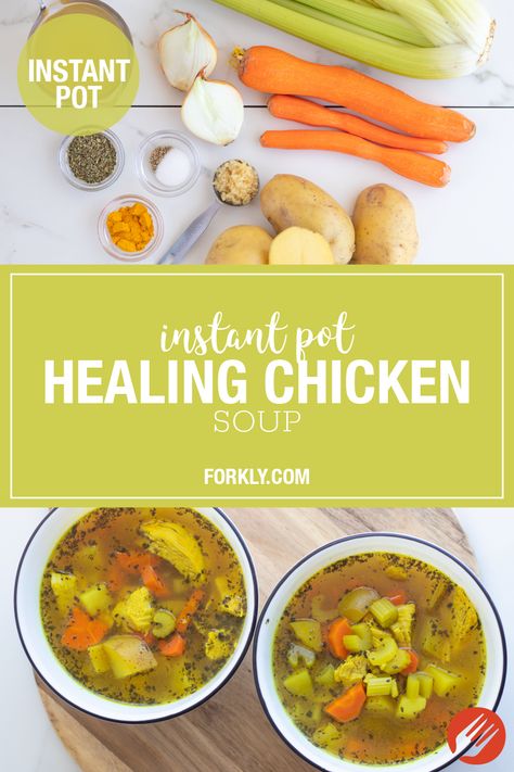 Next time you or your family are feeling under the weather, whip up this Instant Pot Healing Chicken Soup, full of hearty ingredients and anti-inflammatory turmeric, sickness-fighting fresh garlic, and nutrient-dense bone broth. It doesn’t require much effort and it’ll be the perfect thing to sip on on your road to recovery. Plus, as an added bonus, it’s Whole30 compliant! Whole 30 Soup Recipes Instant Pot, Crock Pot Soup For Sickness, Chicken Soup For Sickness Instant Pot, Nutrient Dense Instant Pot Recipes, Instant Pot Whole Chicken Soup, Healing Soups After Surgery, Chemo Food, Whole Chicken Soup, Healing Chicken Soup