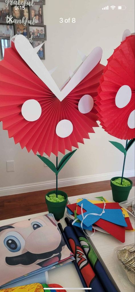 Mario Kart Birthday Party Centerpieces, Mario Kart Birthday Party, Mario Flower, Mario Decor, Mario Kart Birthday, Vbs 2023, Mario Birthday Party, Paper Fan, Birthday Party Centerpieces