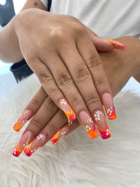 Orange Nails With Hibiscus Flowers, Orange French Tip With Flowers, White French Tip With Orange Design, Colombia Nails, Orange Flower French Tip Nails, Flower Nail Designs Orange, Short Square Acrylic Nails, Orange Nails, Prom Nails