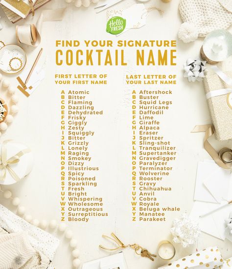 Boujee Alcoholic Drinks, Personalised Cocktail Names, Drinks Name Ideas, Western Drink Names, Retirement Drink Names, 50th Birthday Cocktail Names, Signature Mock Tails, Graduation Cocktail Drink Names, Birthday Cocktail Names