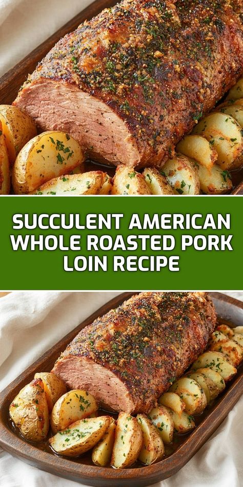 Join me in creating the most mouthwatering Succulent American Whole Roasted Pork Loin! This dish features a perfectly seasoned pork loin with a crispy crust, served alongside golden roasted potatoes. Ideal for family gatherings or special occasions, this recipe combines simplicity with delicious flavors. Get ready to impress your guests with this stunning centerpiece and rich, savory taste! Cooking A Pork Loin In The Oven, Stuffed Pork Loin Roast In Oven, Pork Loin For Christmas Dinner, Recipe For Pork Tenderloin Roast, Pork Loin Roast In Oven With Gravy, How To Bake A Pork Loin In The Oven, Seasoning For Pork Loin, Costco Pork Loin Recipes, Grilled Pork Loin Roast