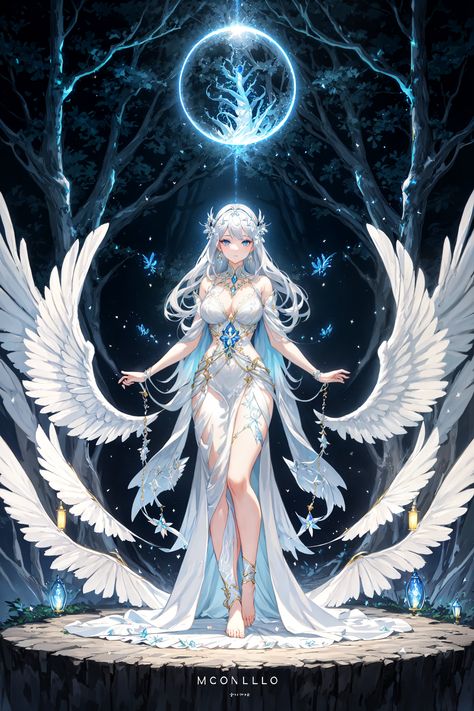 "Unlock the Enchantment: Dive into a magical realm with this captivating digital painting of a serene 18-year-old maiden, draped in a flowing white dress and silver necklace, amidst an enchanted forest aglow with bioluminescent beauty. Let her icy gaze and ethereal wings transport you to a mystical, moonlit world." Ice Goddess, Anime Ice Queen, Ice Goddess Art, Ice Queen Concept Art, Ice Angel Fantasy Art, Anime Ice Goddess, Winter Goddess, Jojo's Bizarre Adventure Characters, Enchanted Characters