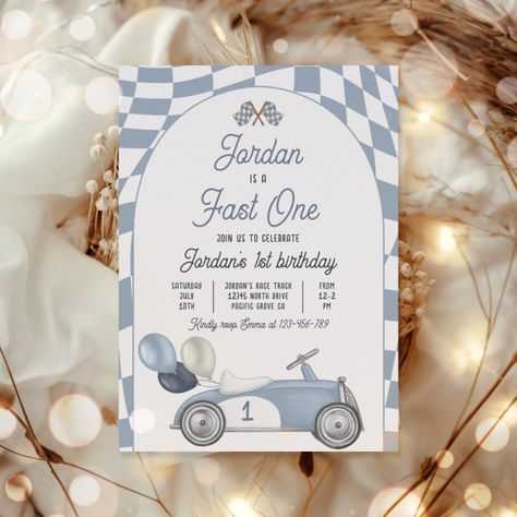 Fast One Birthday Party Blue Race Car 1st Birthday Invitation - tap, personalize, buy right now! #Invitation #race #car #birthday #party, #boy Vintage Car First Birthday Boy, First Lap Birthday Party Theme, Race Car 1st Birthday Party, Car 1st Birthday Party, Fast One Birthday Party, Car 1st Birthday, Blue Race Car, Birthday Party Blue, Bday Themes