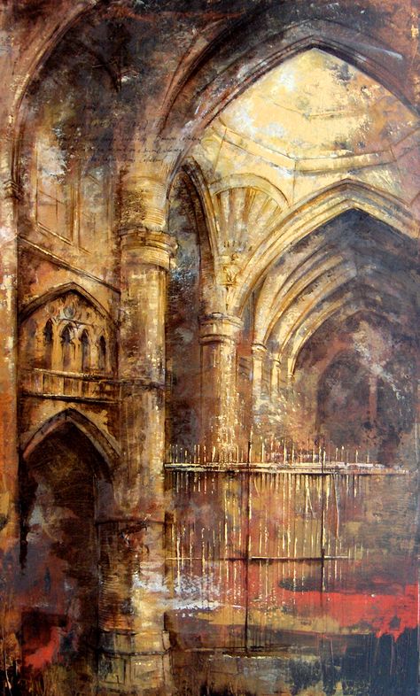 Gothic Architecture Drawing, Architecture Paintings, Sepia Art, Arsitektur Art Deco, A Level Art Sketchbook, Mosque Art, Art Gallery Interior, Building Painting, Gothic Cathedrals