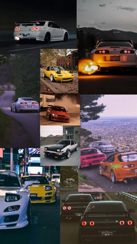 JDM cars Jdm Collage Wallpaper, Jdm Background, Cars Wallpapers Aesthetic, Jdm Cars Wallpapers, Tipografi 3d, Tokyo Drift Cars, Different Cars, Car Prints, Toyota Supra Mk4