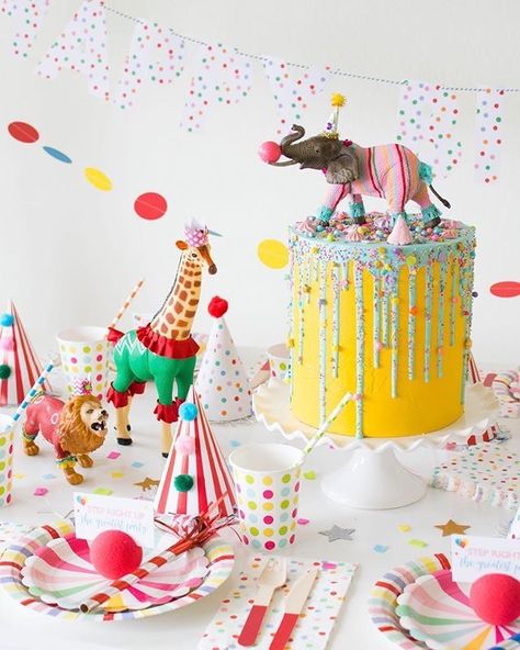 Colorful Party Animal Birthday Theme, Party Animal Birthday, Animal Party Theme, Animal Parade, Zoo Birthday, Circus Birthday Party, Carnival Birthday Parties, Circus Animals, Animal Birthday Party