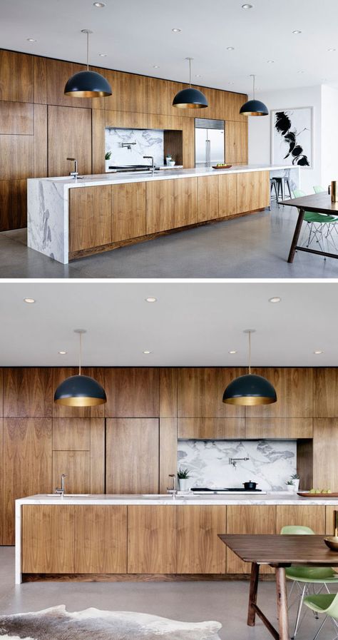 Kitchen Island Ideas Waterfall, White And Wood Kitchen Modern, Wood Kitchen With Island, Marble And Wood Kitchen, Kitchen Lighting Ideas For Low Ceilings, Kitchen Island Wood, Replacing Kitchen Countertops, Kitchen And Dining Room, Luxury Kitchen Design