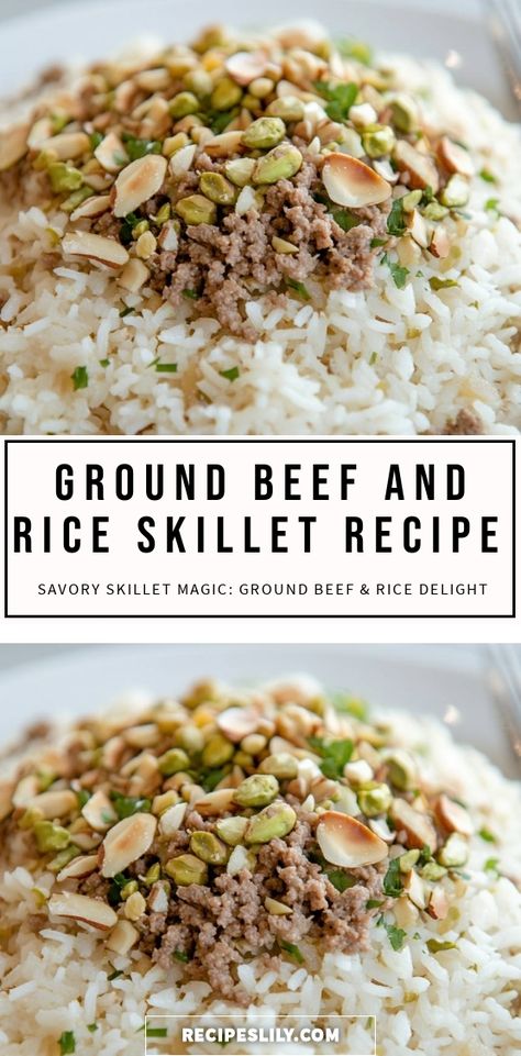 I love how easy and delicious this Ground Beef and Rice Skillet Recipe is! It’s a perfect one-pan meal that combines hearty ground beef with fluffy rice, topped with crunchy nuts and fresh herbs for an added crunch and flavor. Ideal for weeknight dinners, this dish is packed with savory goodness that the whole family will enjoy! Ground Turkey And Rice Recipes, Ground Beef And Rice Skillet, Ground Beef And Rice Recipes, Beef And Rice Skillet, Rice Skillet Meals, Ground Beef And Rice, Ground Beef Rice, Rice Skillet, Fluffy Rice