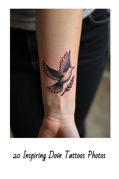 20 Inspiring Dove Tattoos Photos Serpent And Dove Tattoo, Turtle Doves Tattoo, Fine Line Dove Tattoo, Dove With Olive Branch Tattoo, Peace Tattoo Designs, Peace Dove Tattoos, Olive Branch Tattoo, Peace Tattoos, Unique Wrist Tattoos