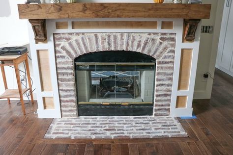 Updating an Old Fireplace – Progress! Fireplace Mantles Ideas, Mantle With Corbels, Old Flooring, Best Decor Ideas, Alpine Decor, High Heat Paint, Rustic Mantle, Farmhouse Fireplace Decor, Tile Edge Trim