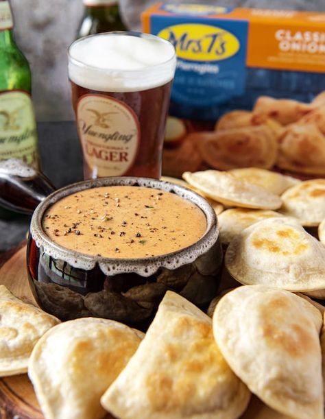 Classic Onion Pierogies with Yuengling Cheese Dip | Mrs. T's Pierogies Perogie Dipping Sauce Recipes, Whipped Potatoes, Beer Cheese Dip, Reality Bites, Party Snack, Beer Cheese, St Pats, Lager Beer, Tasty Pasta