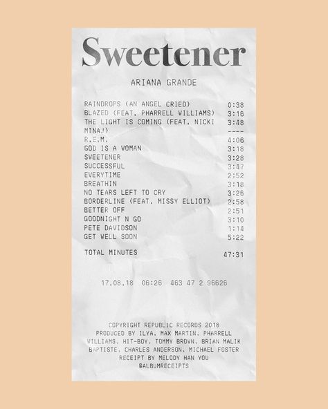 ALBUM RECEIPTS on Instagram: ““Sweetener” by Ariana Grande (@arianagrande)” Album Receipts, Album Receipt, Hit Boy, Missy Elliot, Ariana Grande Album, The Light Is Coming, Ariana Grande Sweetener, Ariana Grande Wallpaper, Ariana Grande Pictures