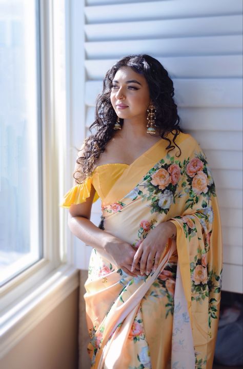 Yellow satin saree, yellow floral saree, yellow saree, satin saree, floral saree, sareedrape, tamil outfit  , saree blouse, off the shoulder saree blouse, saree blouse deaign Yellow Satin Saree, Yellow Floral Saree, Saree Satin, Saree Yellow, Saree Floral, Floral Saree, Yellow Saree, Blouse Saree, Yellow Satin