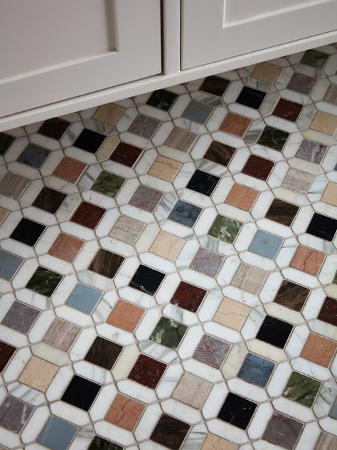 Fun Floor Tile Bathroom, Powder Bathroom No Window, Simple Tile Floor, Mismatched Tile Floor, Whimsical Bakery Interior, Designer Tiles For Wall, Mosaic Marble Tile, New Orleans Bathroom Ideas, 1960s Decor Interior Design