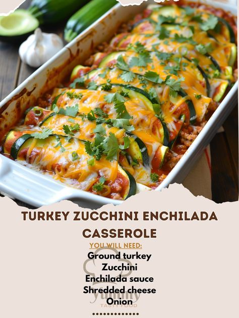 🌱🦃 Enjoy a healthier twist with our Turkey Zucchini Enchilada Casserole! #HealthyEats #EnchiladaCasserole Turkey Zucchini Enchilada Casserole Ingredients: Ground turkey (1 lb) Zucchini (2, thinly sliced) Enchilada sauce (1 can) Shredded cheese (2 cups) Onion (1, diced) Garlic (2 cloves, minced) Olive oil (1 tbsp) Salt and pepper (to taste) Instructions: Preheat oven to 375°F (190°C). Sauté onion and garlic in olive oil until soft. Add ground turkey, cooking until browned. Season with salt... Zucchini Enchilada Casserole, Garlic In Olive Oil, Turkey Zucchini, Turkey Cooking, Zucchini Enchiladas, Turkey Enchiladas, Cheese Bake, Healthy Casseroles, Enchilada Casserole