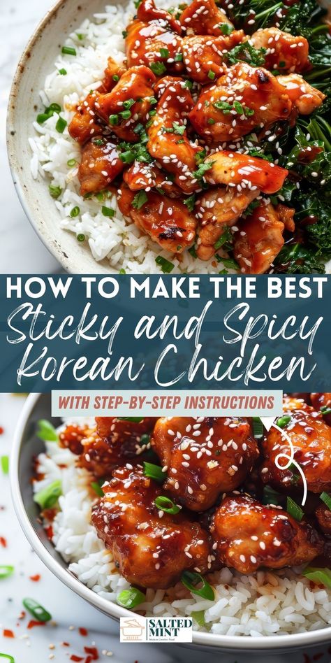 Whip up this Spicy Chicken recipe tonight! Crispy chicken breast meets spicy, sticky gochujang sauce in this healthy Korean dish that's perfect for easy family dinners. Sticky Korean Fried Chicken, Sticky Chicken Sauce Recipe, Easy Chicken Recipes Asian, Healthy Sticky Chicken, Crispy Sticky Chicken, Week Day Dinners Easy Healthy, Crispy Gochujang Chicken, Korean Sticky Chicken Recipe, Chicken Dinner Recipes Asian