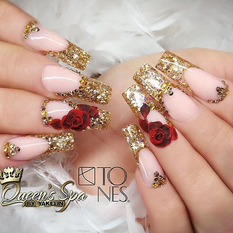 STUNNING Nails Art on Instagram: “Follow us for more nails inspirations -> @stunningnailsart” Beauty And The Beast Nails Acrylic Long, Beauty And The Beast Quinceanera Makeup, Beauty And The Beast Quinceanera Nails, Beauty And The Beast Quince Nails, Beauty And Beast Nails, Beauty And The Beast Inspired Nails, Beauty And The Beast Nails Acrylic, Red And Gold Quince Nails, Nails Beauty And The Beast