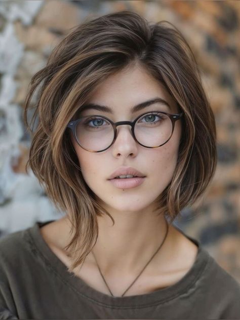 Bob Hairstyle Wavy Hair, Short Bob For Thinning Hair, Contour Bob, Wavy Hair With Glasses, Glasses For Oval Face Shape Woman, Short Haircut For Oval Face Women, Short Hair For Heart Shaped Faces, Oval Face Short Haircut, Cool Brown Highlights